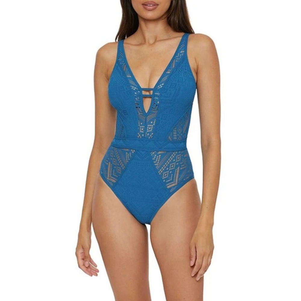Becca By Rebecca Virtue Color Play Show & Tell Crochet Plunge Neck OnePiece Swim